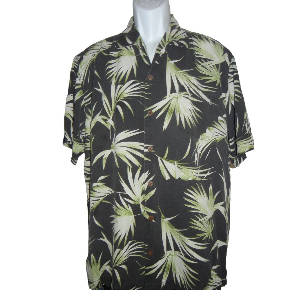Tommy Bahama Shirt Men's Large Green Button Down Floral Tree Silk Hawaiian Camp